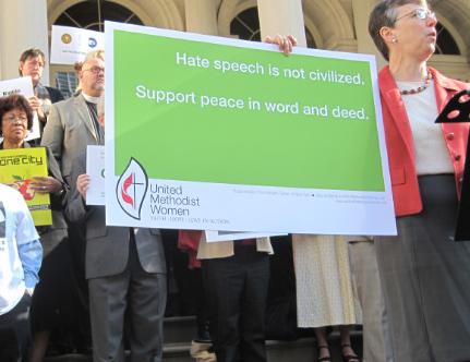 United Methodist Women Church unveiled last week its response to the AFDI posters with an ad saying “Hate speech is not civilized. Support peace in word and deed.”