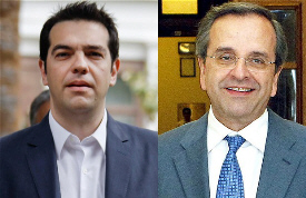 Syriza leader Alexis Tsipras (left) and conservative chief Antonis Samaras (right)