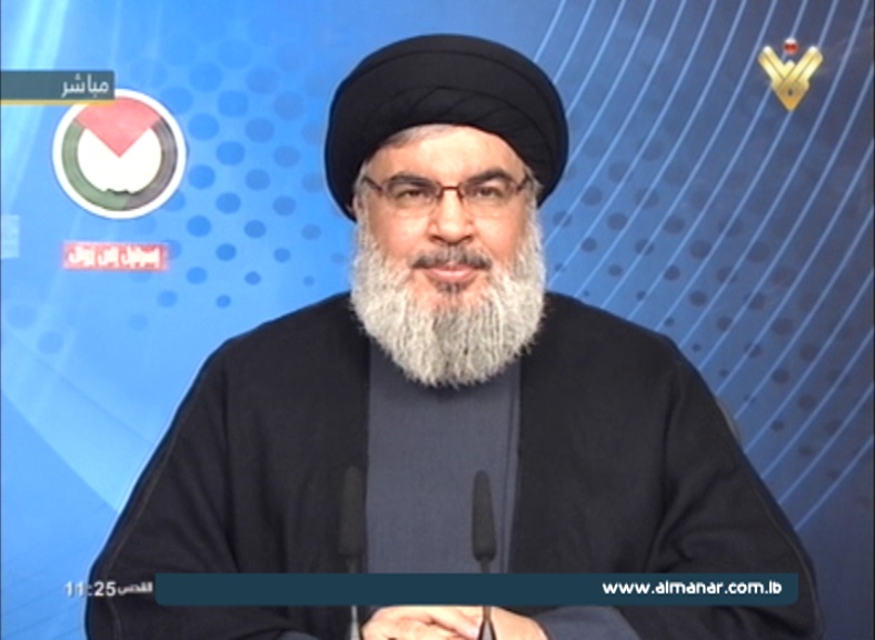 Sayyed Nasrallah addressing the Conference of International Union of Resistance Scholars