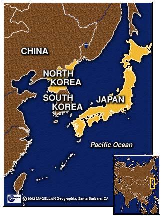 Japan, South Korea on the workd map