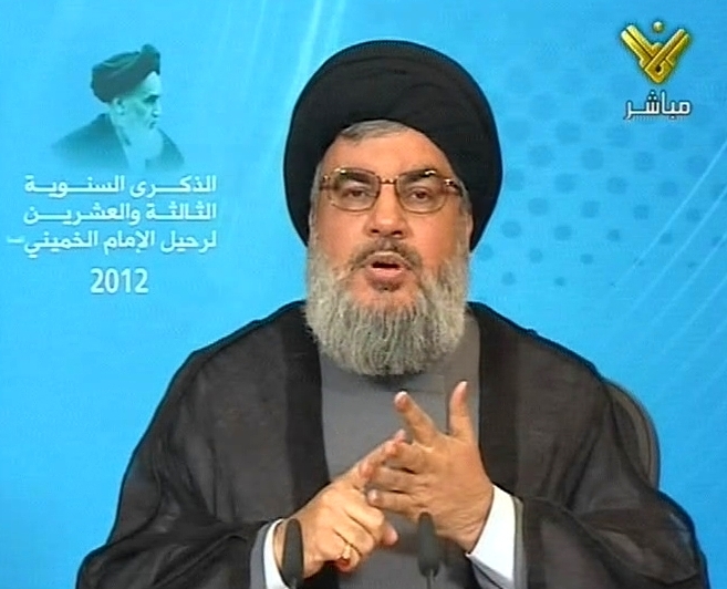 Sayyed Hasan Nasrallah addressing the audience on Imam Khomeini's departure ceremony in Beirut; June 1, 2012 