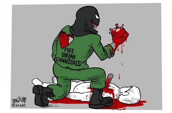 Syrian carricature portraying the militiaman eating the heart of a killed Syrian soldier 