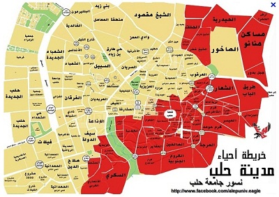 les quartiers en rouge sont occupés par les miliciens