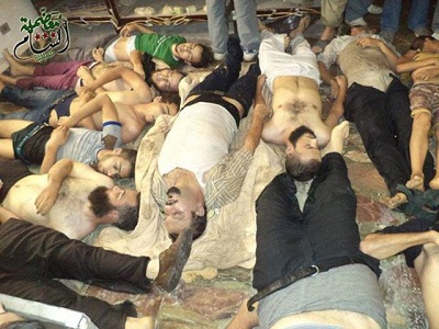 La photographie des victimes présumés de l'attaque chimique contre Maadamiyya, distribuée par l'opposition armée